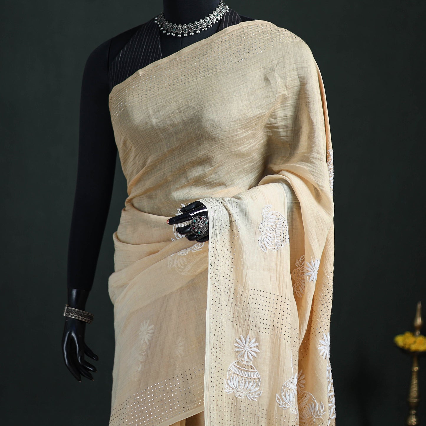 Lucknowi Chikankari Heavy Mukaish Work Pure Mul Chanderi Saree 04