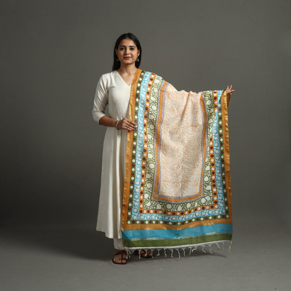 Multicolor - Block Printed Chanderi Silk Sanganeri Dupatta 28