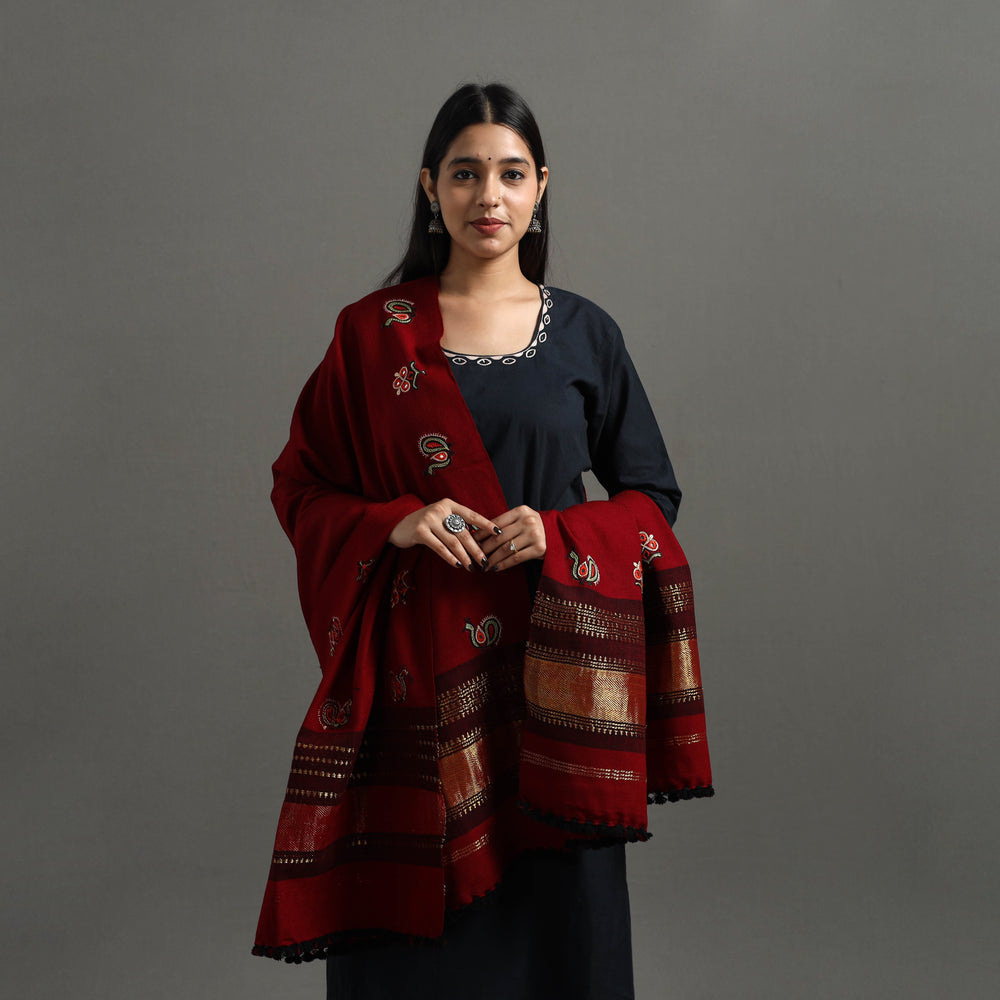 Red - Kutch Ahir Hand Embroidery Woollen Shawl 54