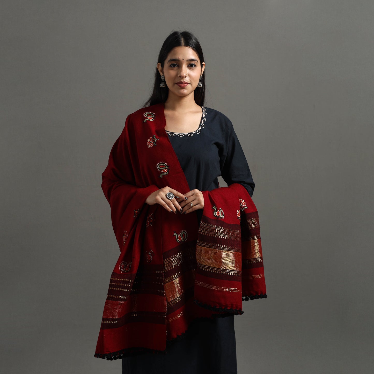 Red - Kutch Ahir Hand Embroidery Woollen Shawl 54