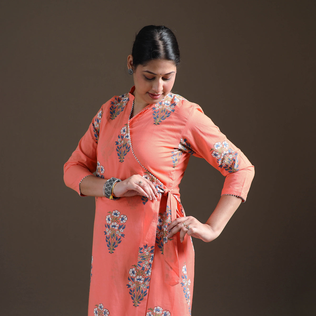 Gota Work Floral Sanganeri Block Print Cotton A-Line Angrakha Kurta for Women 19