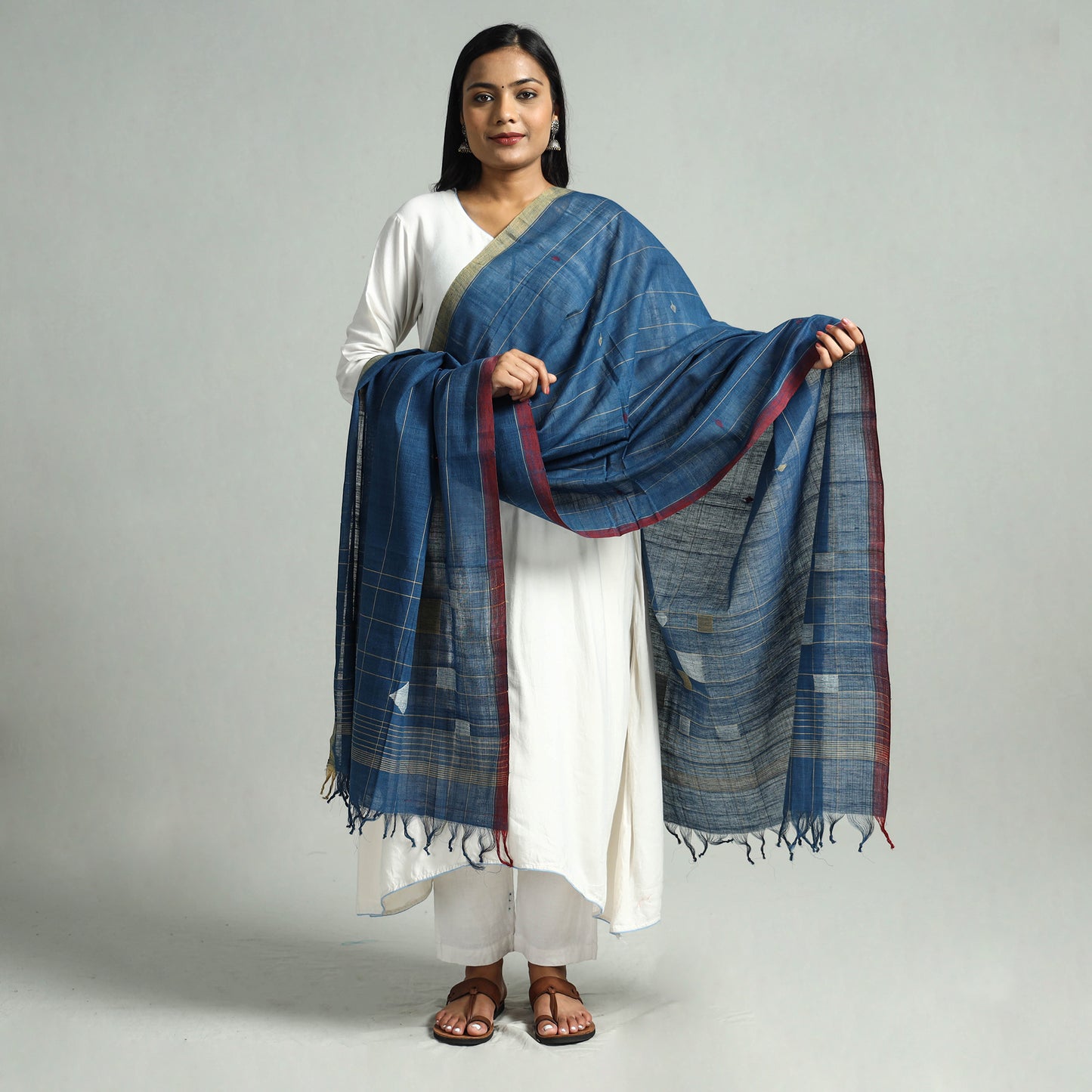 Blue - Godavari Jamdani Buti Handloom Handspun Cotton Dupatta with Tassels 12