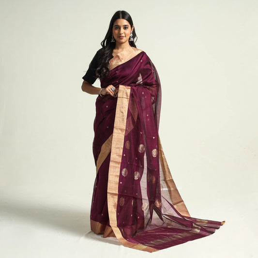 Purple - Traditional Chanderi Silk Handloom Saree with Zari Border & Buta