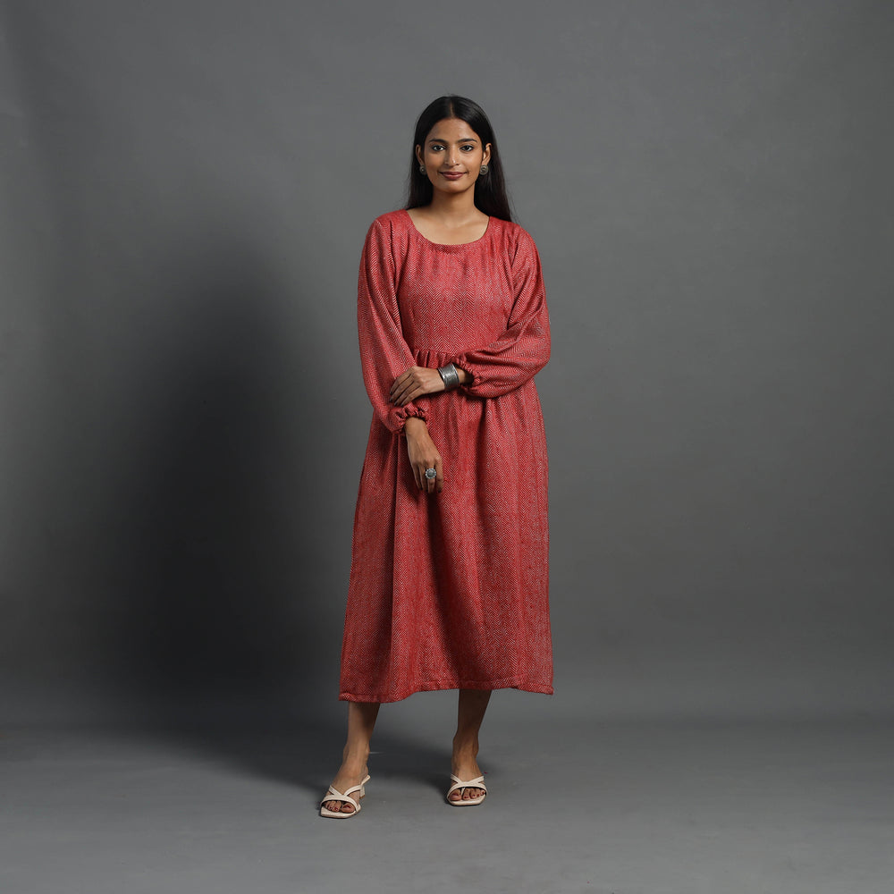 Ruhi Brick Red Plain Flared Woolen Dress 03