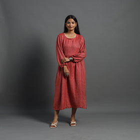 Ruhi Brick Red Plain Flared Woolen Dress 