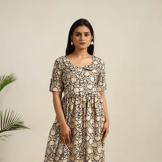 Beige - Pedana Block Print Cotton Flared Kalamkari Dress 09