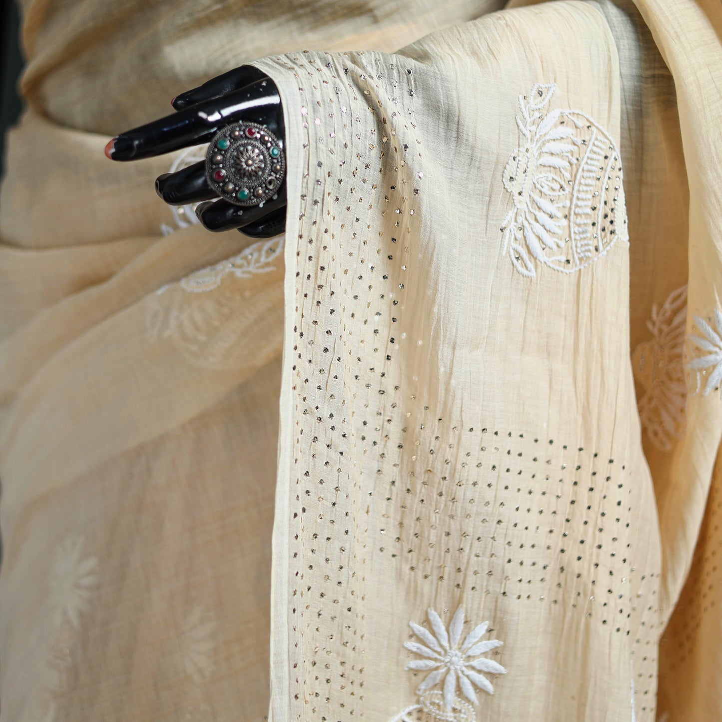 Lucknowi Chikankari Heavy Mukaish Work Pure Mul Chanderi Saree 04