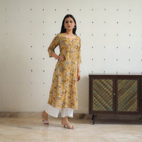 Yellow Block Printed Cotton Gota Work Long Bagru Kurta