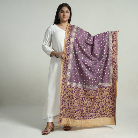 Purple - Bengal Kantha Embroidery Tussar Silk Handloom Dupatta 149