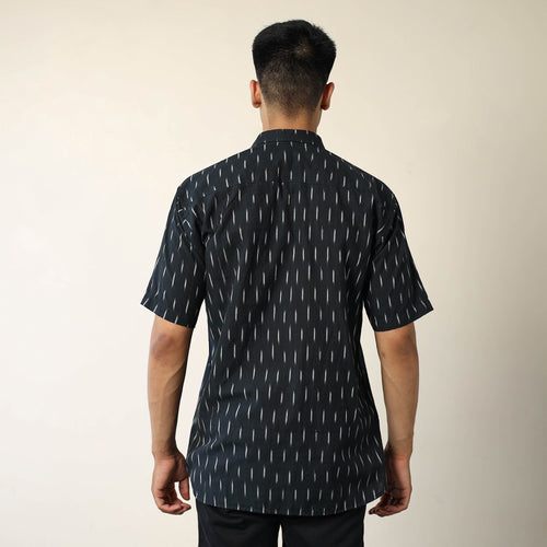 Black - Pochampally Ikat Weave Cotton Men Half Sleeve Shirt 10