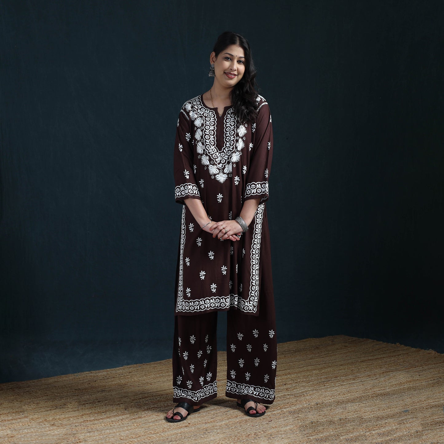 Brown - Hand Embroidered Rayon Chikankari Kurta with Palazzo Set for Women 13