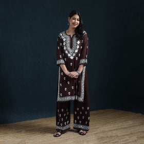 Brown - Hand Embroidered Rayon Chikankari Kurta with Palazzo Set for Women 13