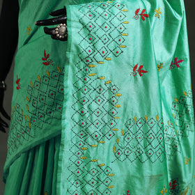 Green - Bengal Nakshi Kantha Hand Embroidered Silk Saree 29