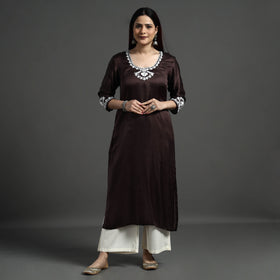 Buy Navy Blue Modal Silk Hand Embroidered Long Kurta l iTokri.com