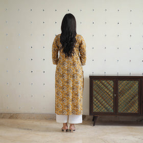 Yellow Block Printed Cotton Gota Work Long Bagru Kurta