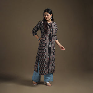 Hand Block Print Cotton Straight Long Ajrakh Kurta for Women 07