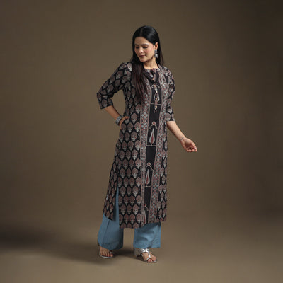 Hand Block Print Cotton Straight Long Ajrakh Kurta for Women 07