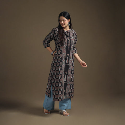 Hand Block Print Cotton Straight Long Ajrakh Kurta for Women 07