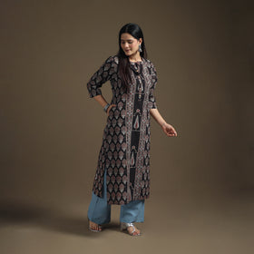 Hand Block Print Cotton Straight Long Ajrakh Kurta for Women 07