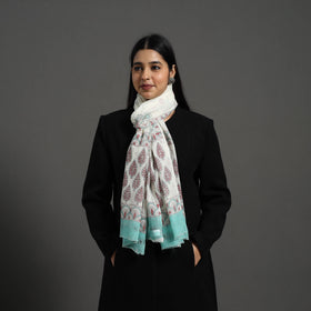 White - pure wool sanganeri stole 28 - handcrafted