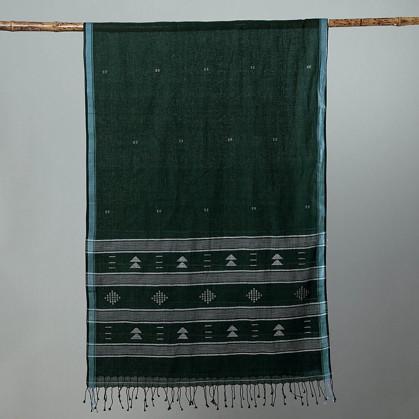 Green - Burdwan Jamdani Cotton Handloom Stole with Tassels 02