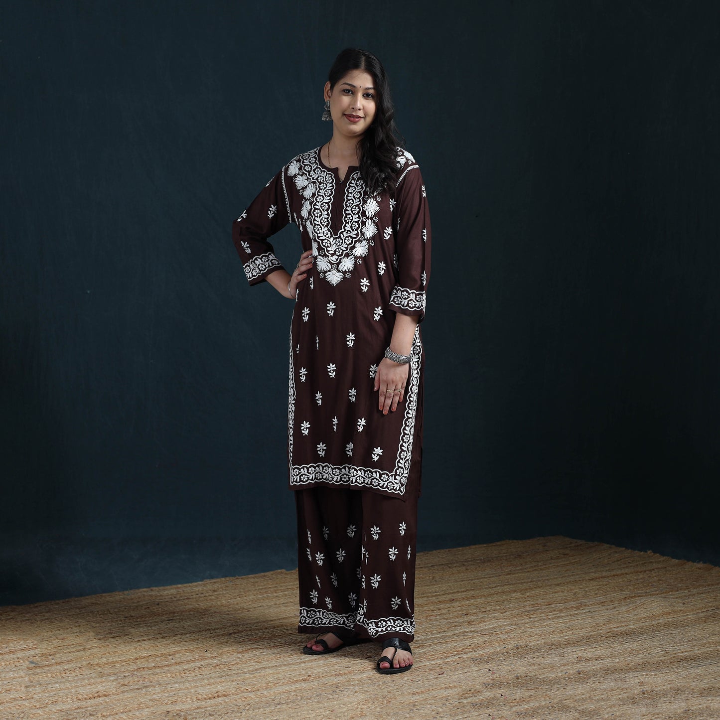Brown - Hand Embroidered Rayon Chikankari Kurta with Palazzo Set for Women 13