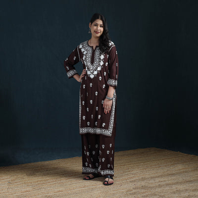 Brown - Hand Embroidered Rayon Chikankari Kurta with Palazzo Set for Women 13
