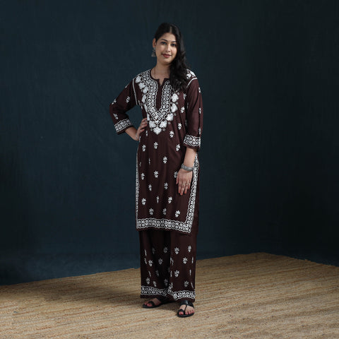 Brown - Hand Embroidered Rayon Chikankari Kurta with Palazzo Set for Women 13