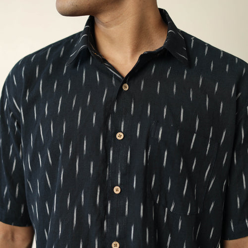 Black - Pochampally Ikat Weave Cotton Men Half Sleeve Shirt 10