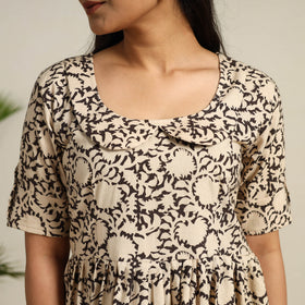  Beige Pedana Block Print Cotton Flared Kalamkari Dress