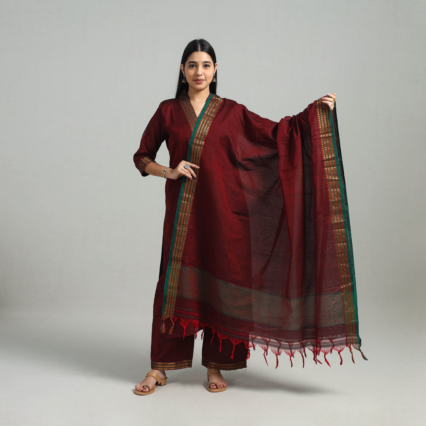 Maroon - Cotton Dharwad Kurta Set with Palazzo & Dupatta 08