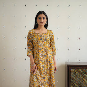 Yellow Block Printed Cotton Gota Work Long Bagru Kurta