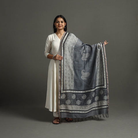 Grey - Block Printed Chanderi Silk Bagru Dupatta 29