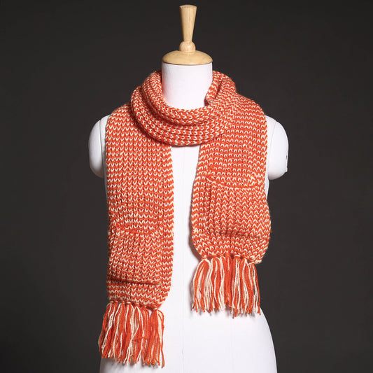 Orange - Kumaun Hand Knitted Woolen Muffler with Pockets