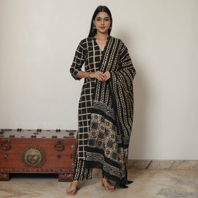 Black - Hand Batik Printed Cotton Kurta with Palazzo & Dupatta Set 11