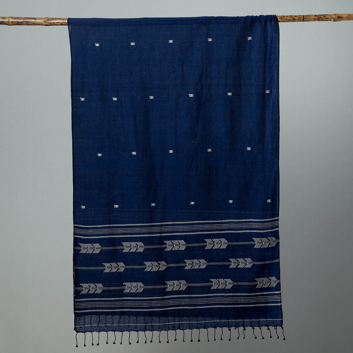 Blue - Burdwan Jamdani Cotton Handloom Stole with Tassels 03