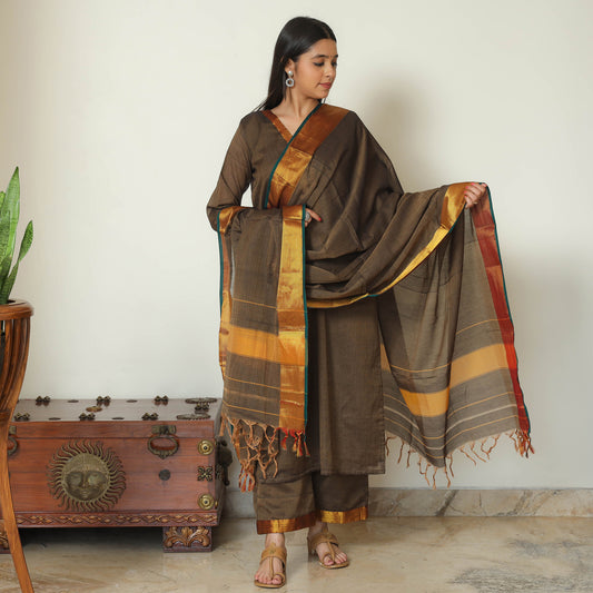 Brown - Dharwad Cotton Kurta with Palazzo & Dupatta Set 10