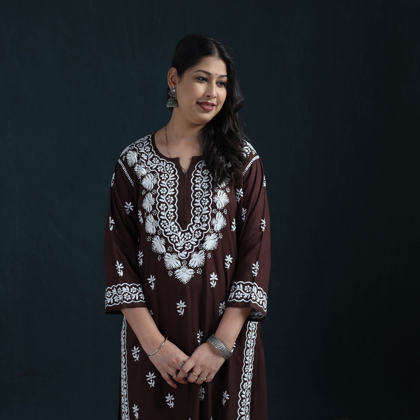 Brown - Hand Embroidered Rayon Chikankari Kurta with Palazzo Set for Women 13