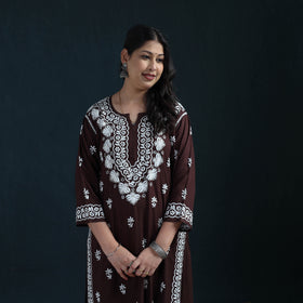 Brown - Hand Embroidered Rayon Chikankari Kurta with Palazzo Set for Women 13