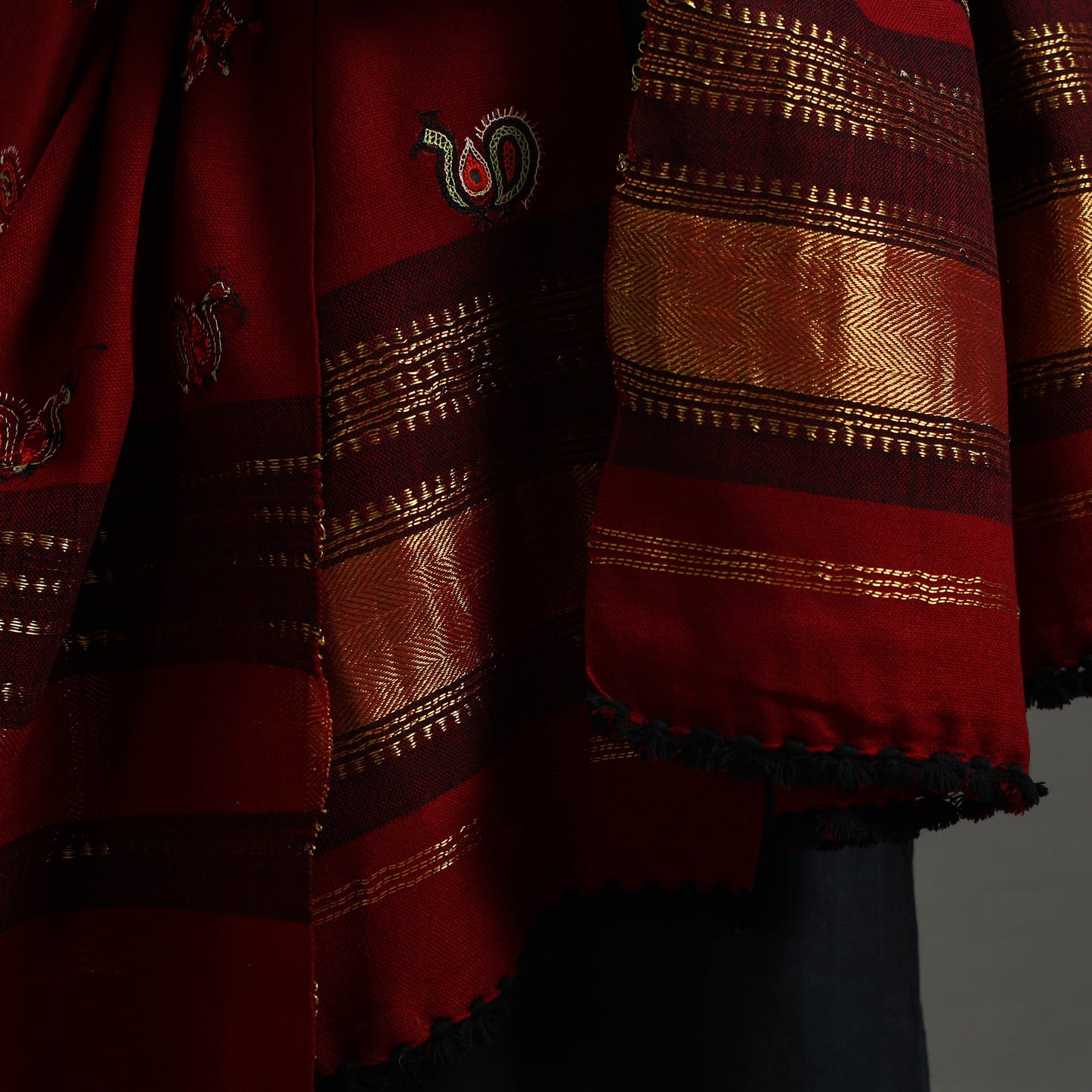 Red - Kutch Ahir Hand Embroidery Woollen Shawl 54