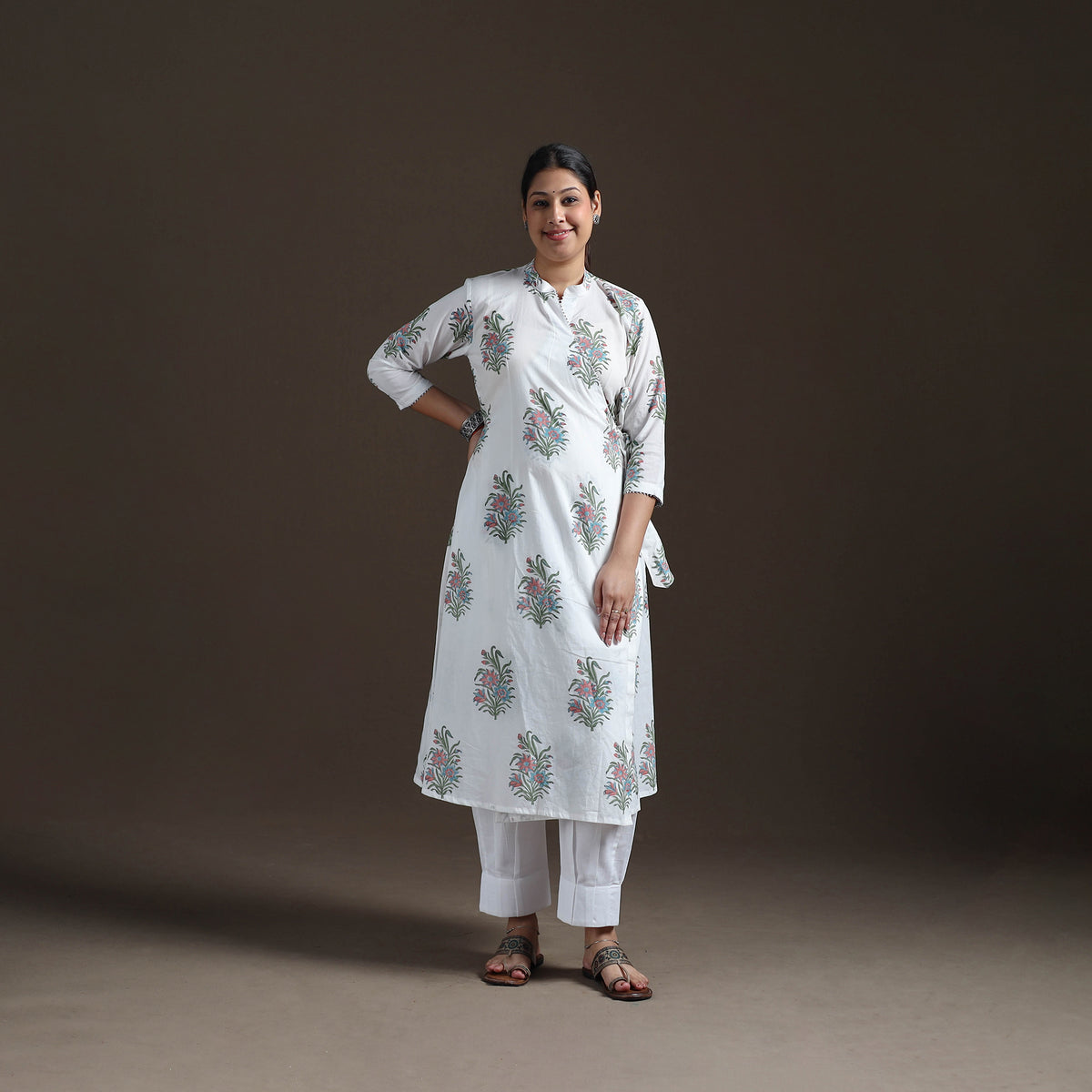 Gota Work Floral Sanganeri Block Print Cotton A-Line Angrakha Kurta for Women 17