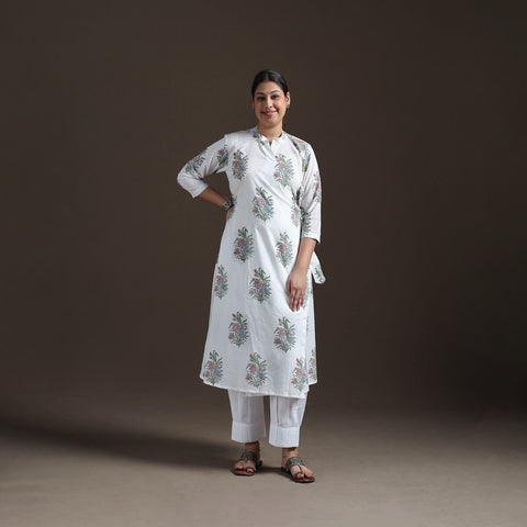 Gota Work Floral Sanganeri Block Print Cotton A-Line Angrakha Kurta for Women 17