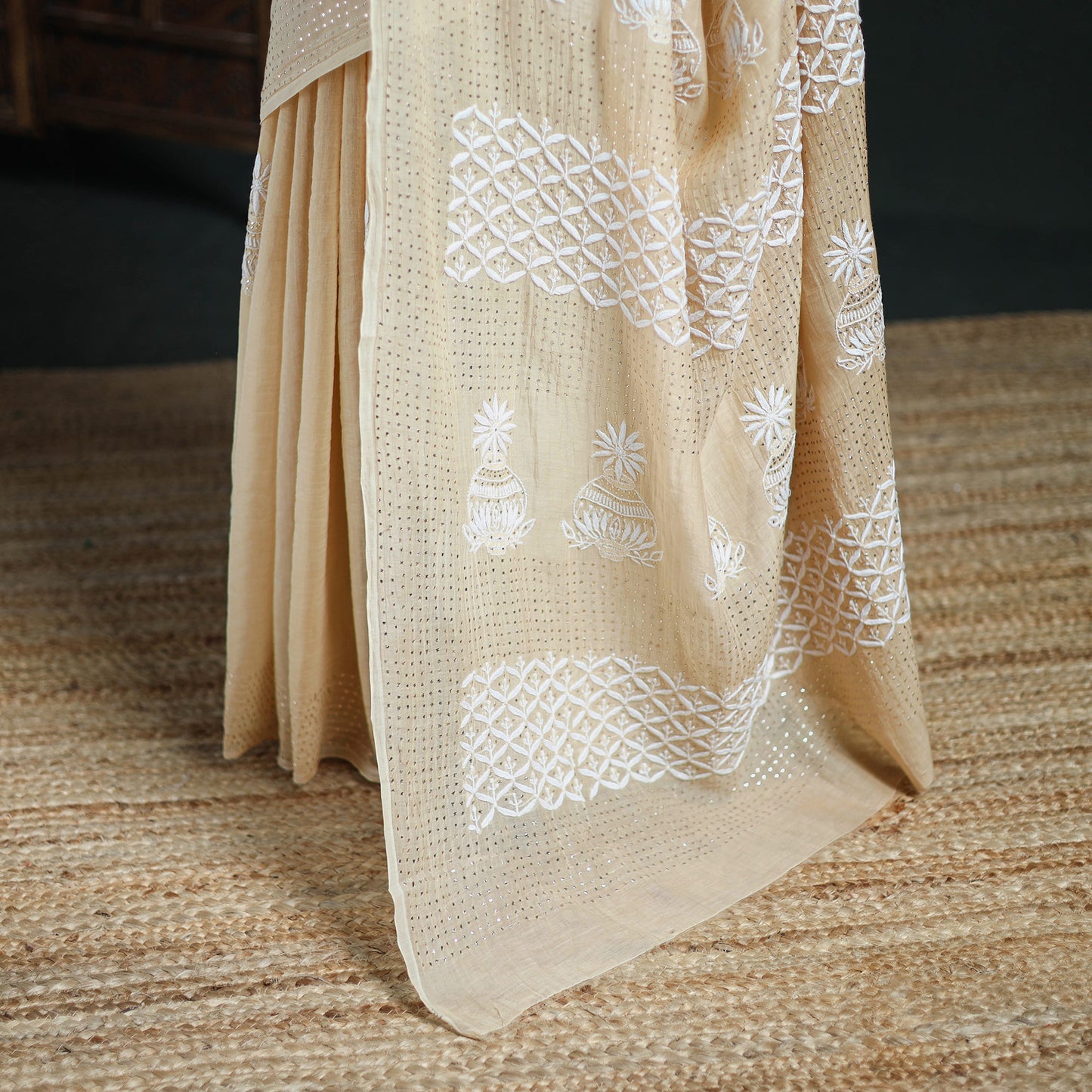 Lucknowi Chikankari Heavy Mukaish Work Pure Mul Chanderi Saree 04