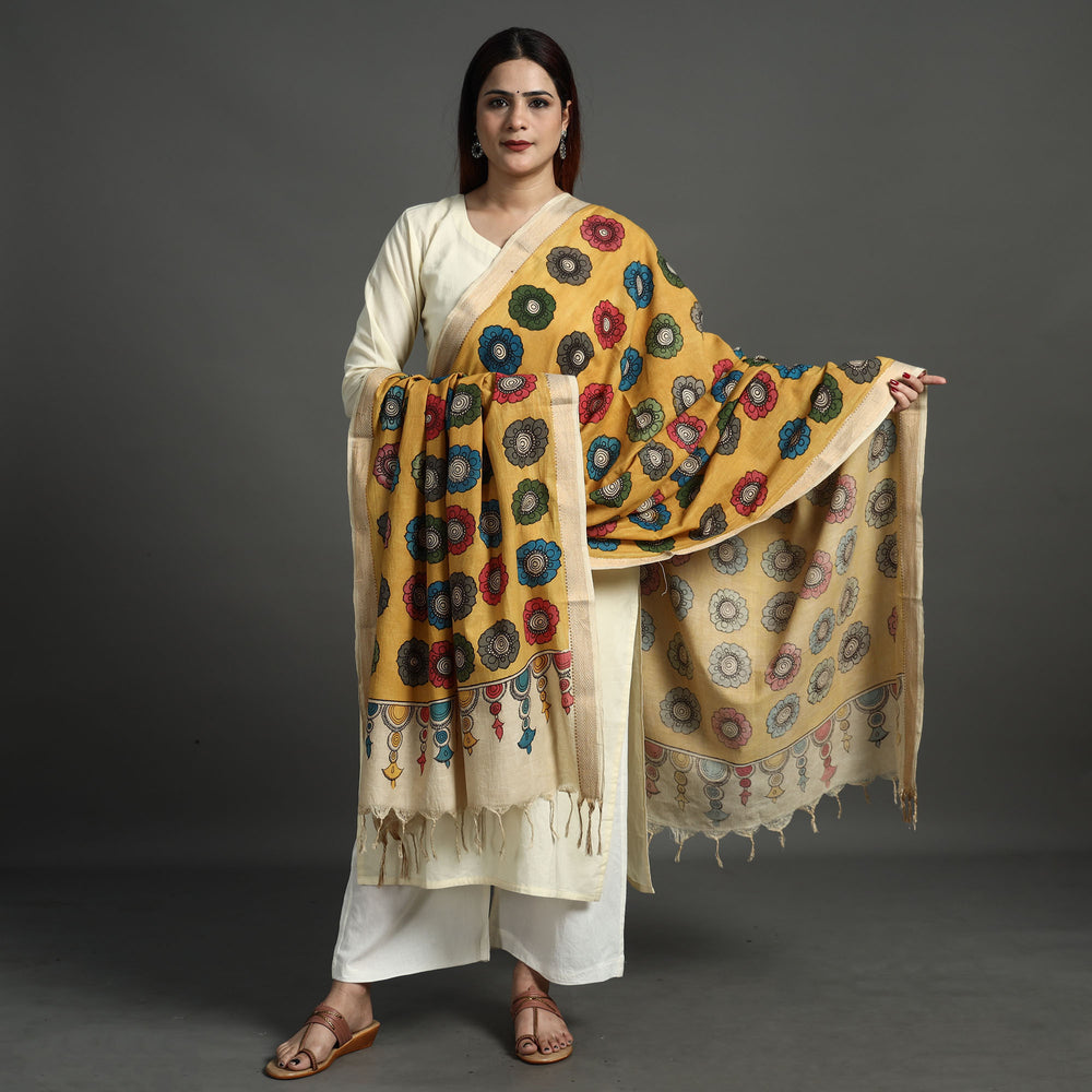 Yellow - Srikalahasti Pen Work Kalamkari Cotton Handpainted Zari Border Dupatta with Tassels 121