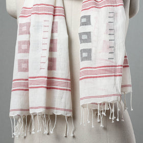  White Handloom Cotton Burdwan Jamdani Stole with Tassels
