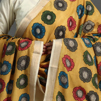 Yellow - Srikalahasti Pen Work Kalamkari Cotton Handpainted Zari Border Dupatta with Tassels 121