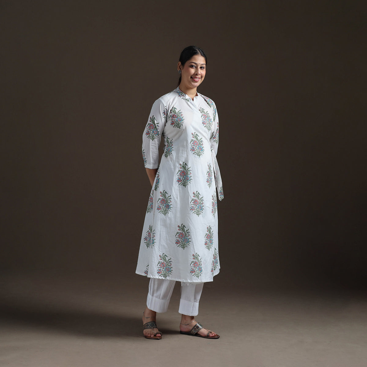 Gota Work Floral Sanganeri Block Print Cotton A-Line Angrakha Kurta for Women 17