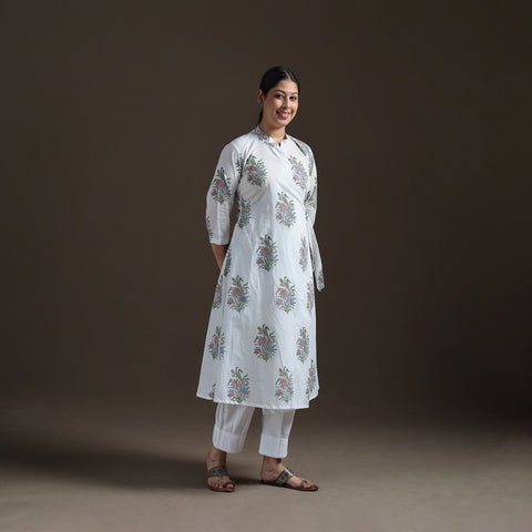 Gota Work Floral Sanganeri Block Print Cotton A-Line Angrakha Kurta for Women 17