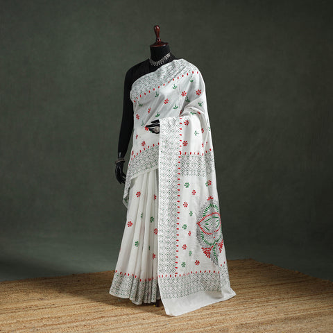 White - Bengal Nakshi Kantha Hand Embroidered Silk Saree 30