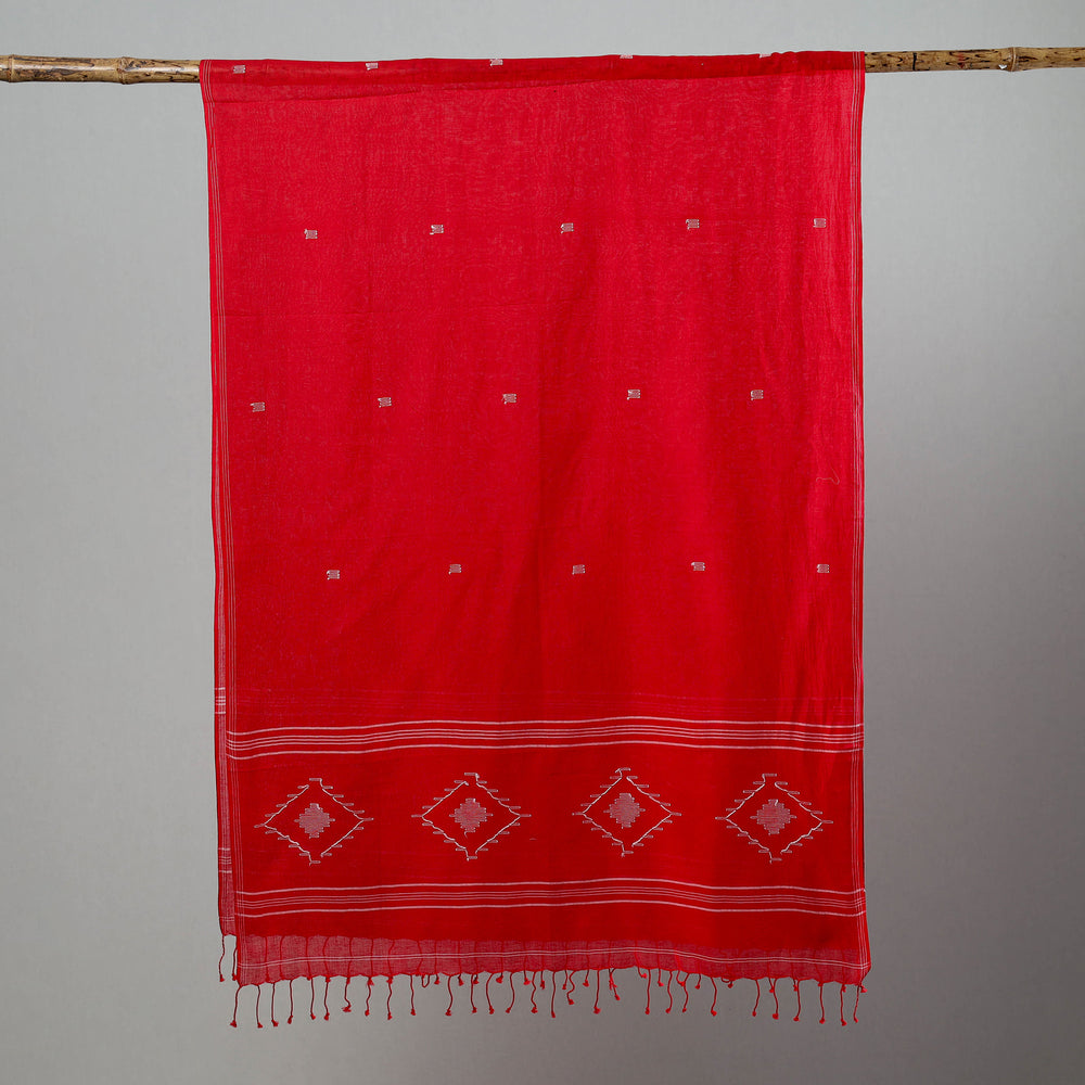 Red - Burdwan Jamdani Cotton Handloom Stole with Tassels 04